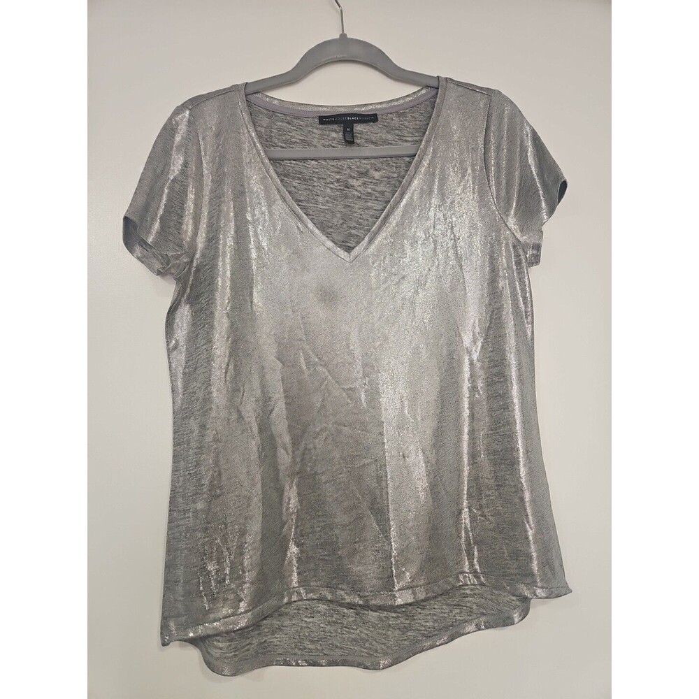 White House Black Market Silver Shine Metallic-Jersey V-Neck Tee Size Med
